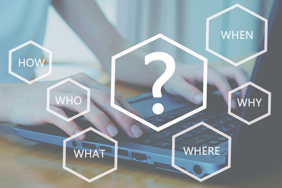 Woman working hand on keyboard close up, analyzing problem and root cause by question what, where, when, why, who and how